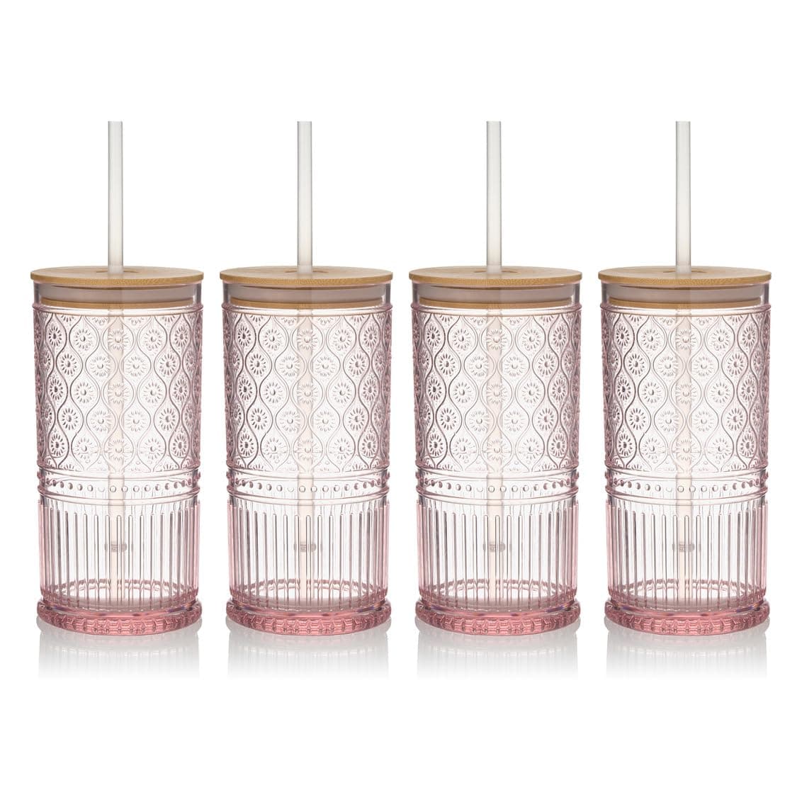 Godinger Claro Drinking Glasses with Lids and Straws Blush Set of 4